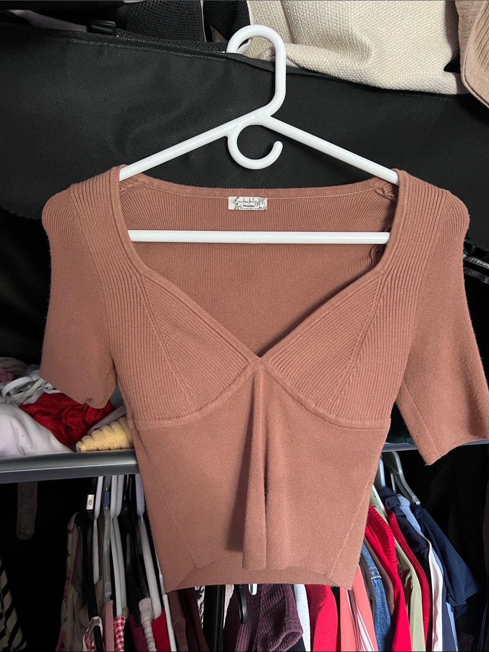 Ribbed V-Neck Crop Top in Dusty Rose